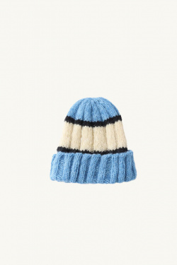 Sublime Roe Inc. - bonnet tricoté main à rayures - mohair et laine - bleu/off white/noir - allanjoseph