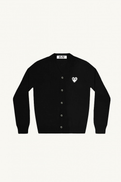 Play Comme Des Garçons - Cardigan noir en laine, coeur brodé blanc - allanjoseph