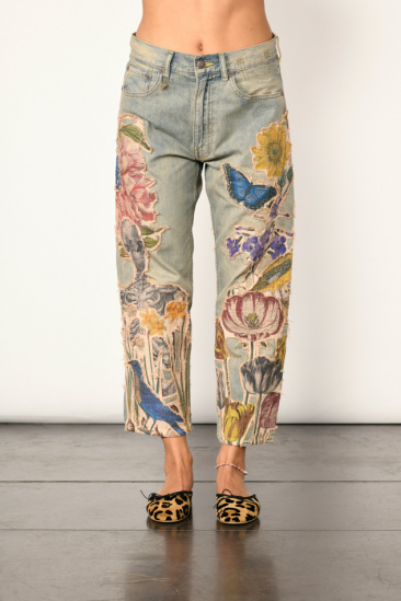 Jean appliques florales - Bleu