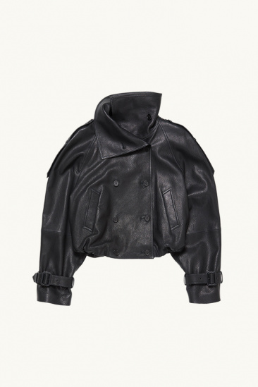 Short Leather Trench Coat -...