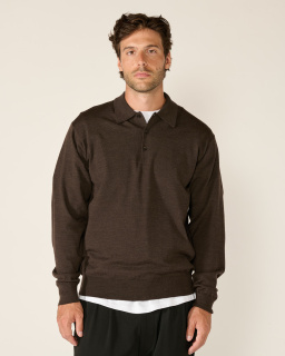 Batoner - Wool Polo Cardigan - Brown - allanjoseph