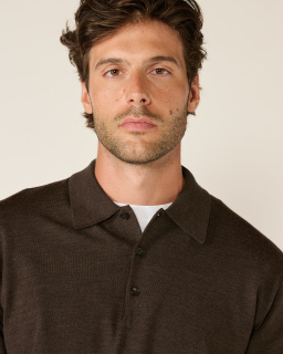 Batoner - Wool Polo Cardigan - Brown - allanjoseph