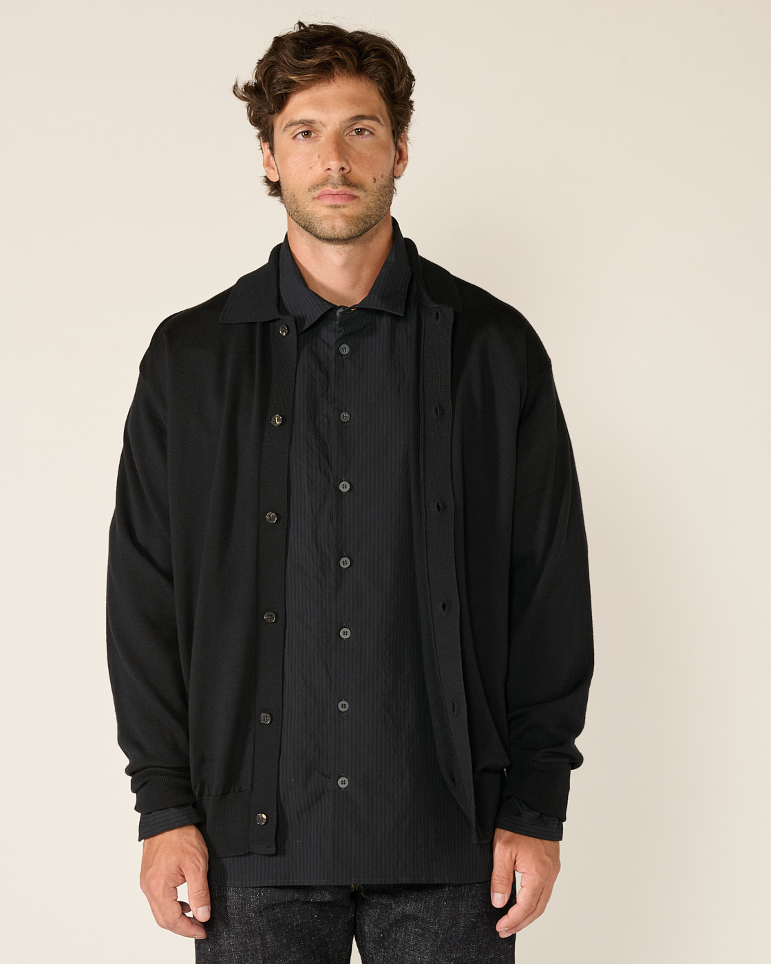 BATONER　WASHABLE WOOL CARDIGAN Batoner - Wool Cardigan - Black - allanjoseph