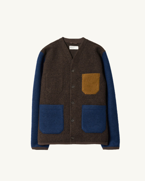 Universal Works - Cardigan en laine polaire - Marron/Indigo - allanjoseph